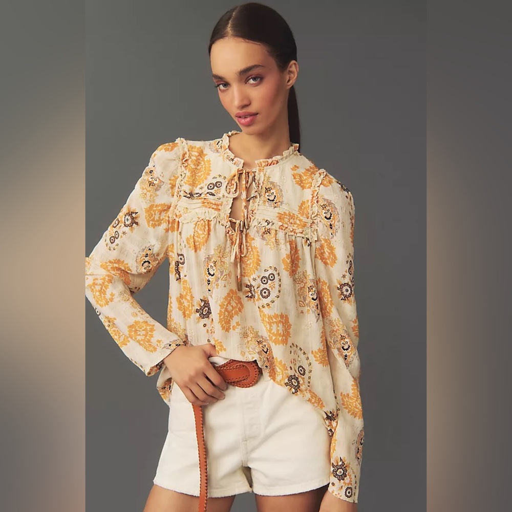 Anthropologie Bishop + Young Sydney Blouse M Medium Yellow Paisley Boho Ruffle